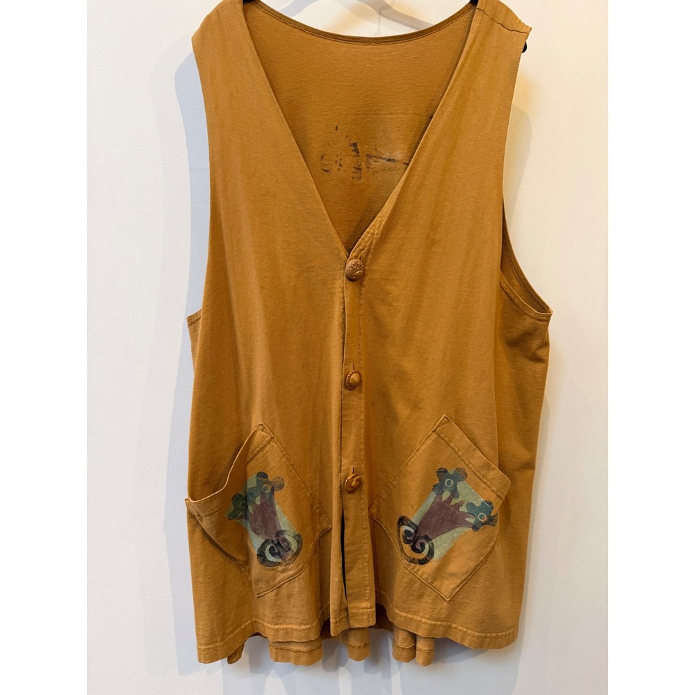 Blue Fish Womens Vest Mustard Hand Painted‎ Organic Cotton Size L Made USA Artsy